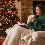 A cozy, aesthetically pleasing image of a person sitting by a decorated Christmas tree, peacefully reading a book with a mug of tea, looking relaxed and comfortable