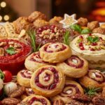 A beautifully arranged platter of diverse, colorful Christmas appetizers, some warm, some cold, with festive garnishes. Focus on abundance and visual appeal