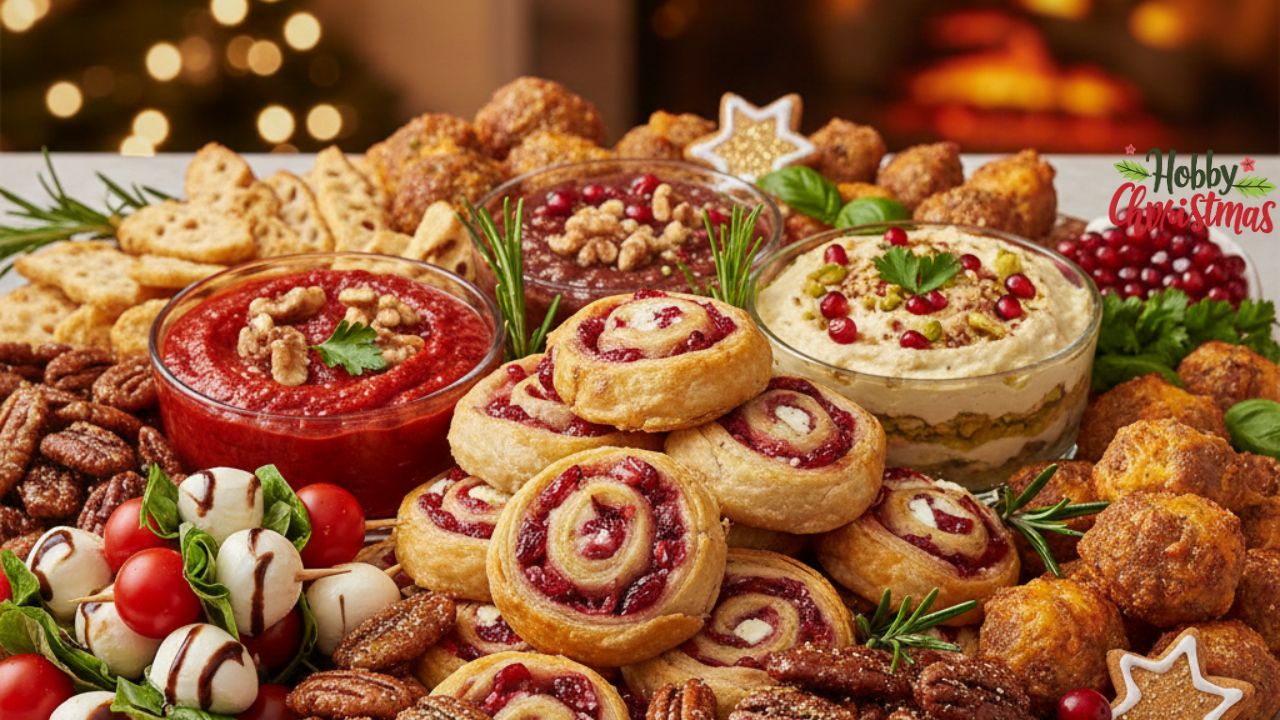 A beautifully arranged platter of diverse, colorful Christmas appetizers, some warm, some cold, with festive garnishes. Focus on abundance and visual appeal